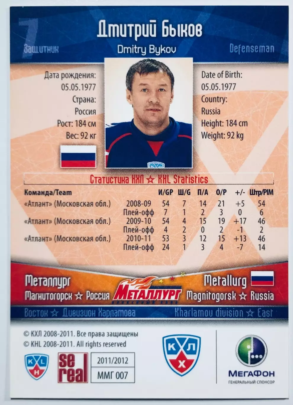 Карточка Дмитрий Быков ХК Металлург Магнитогорск 1