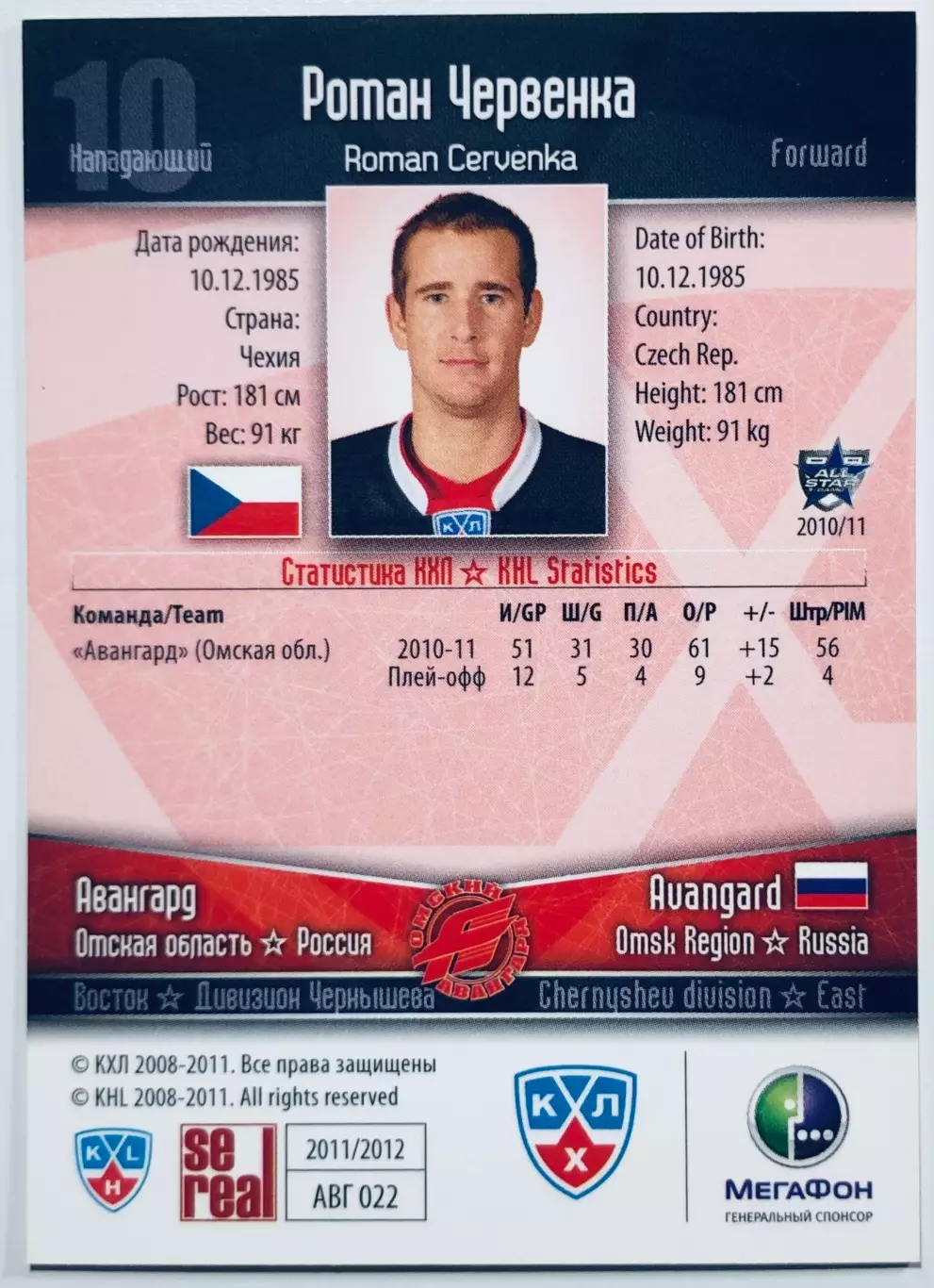 Карточка Роман Червенка ХК “Авангард” Омск 1