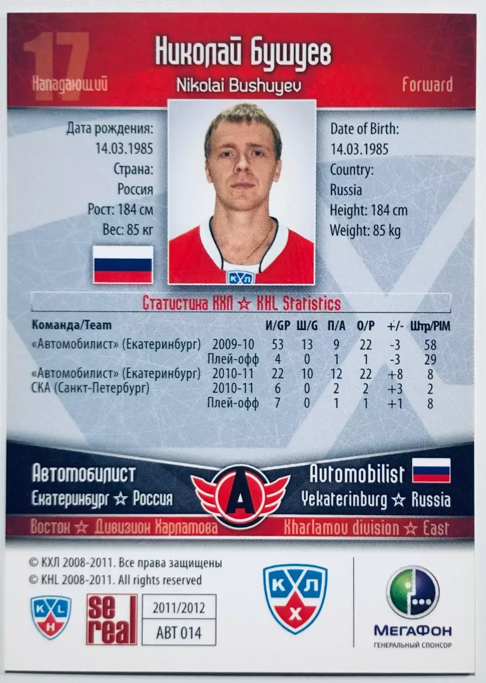 Карточка Николай Бушуев ХК Автомобилист Екатеринбург 1