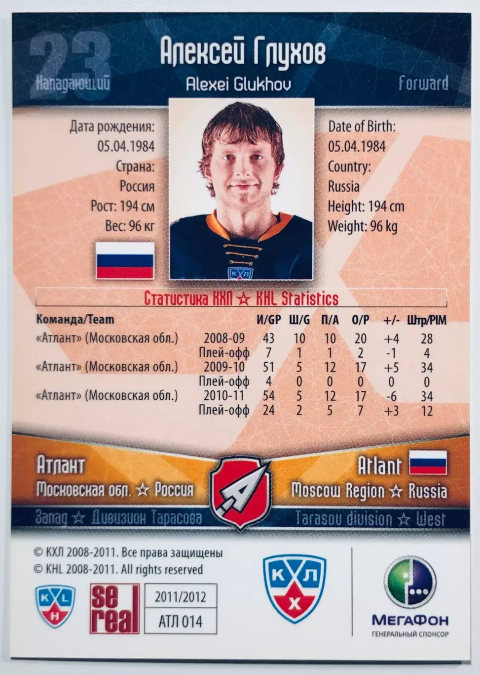 Карточка Алексей Глухов ХК Атлант М.О. 1