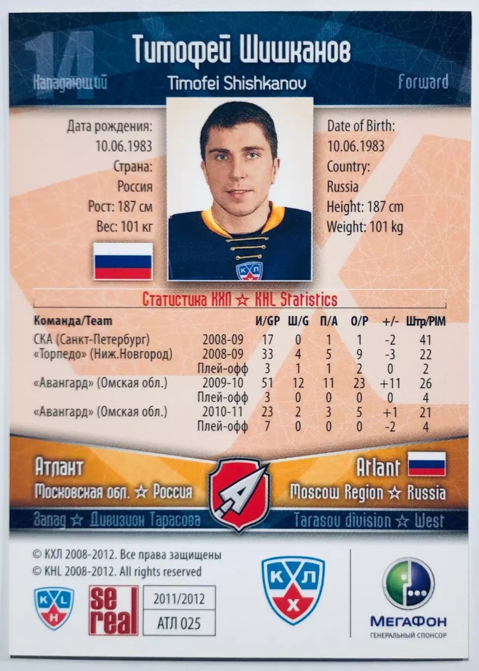 Карточка Тимофей Шишканов ХК Атлант М.О. 1
