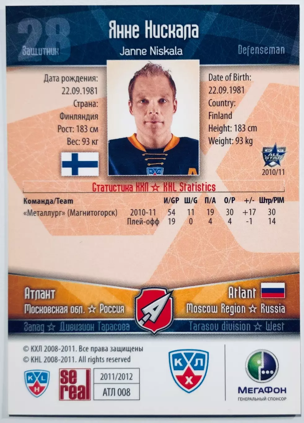Карточка Янне Нискала ХК Атлант М.О. 1