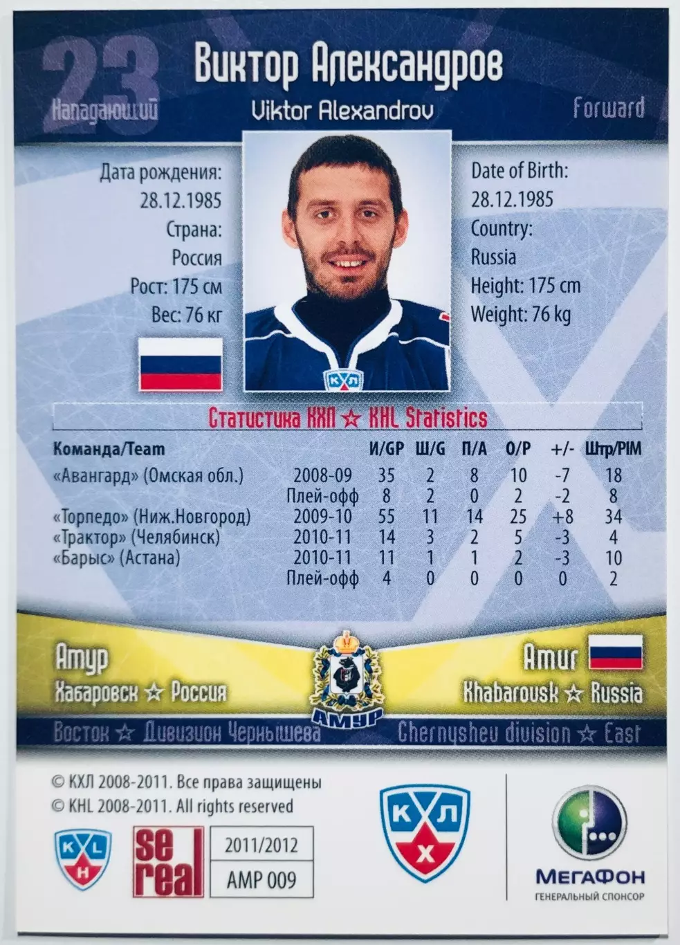 Карточка Виктор Александров ХК Амур Хабаровск 1