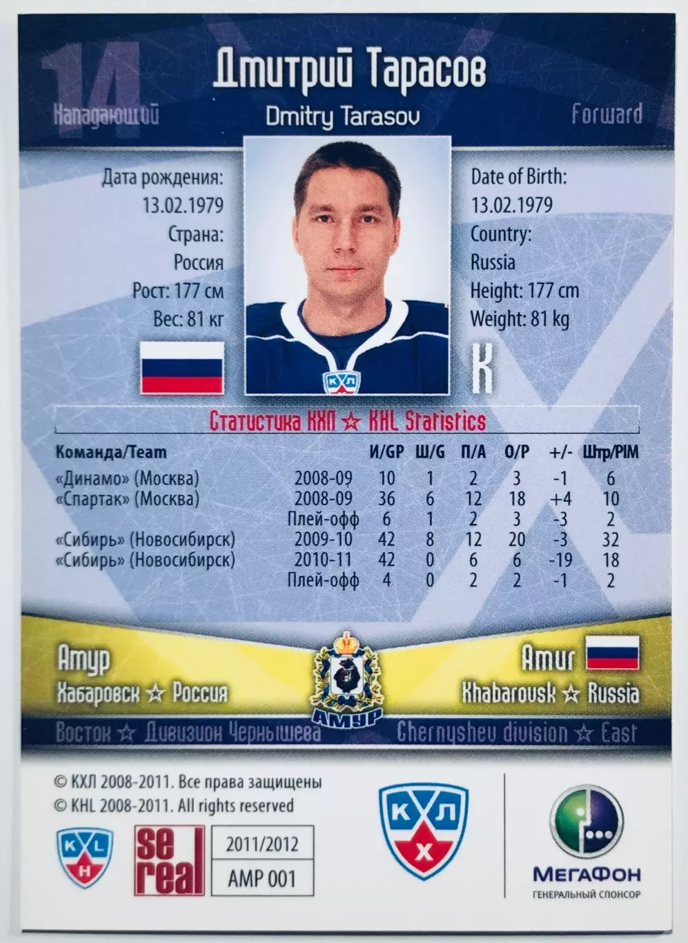 Карточка Дмитрий Тарасов ХК Амур Хабаровск 1