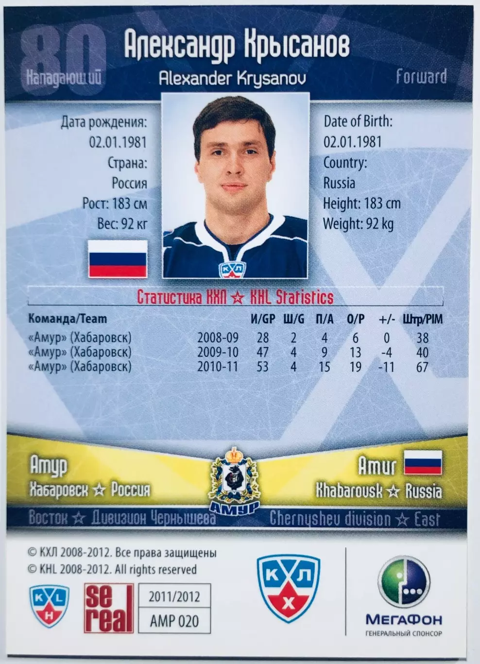 Карточка Александр Крысанов ХК Амур Хабаровск 1