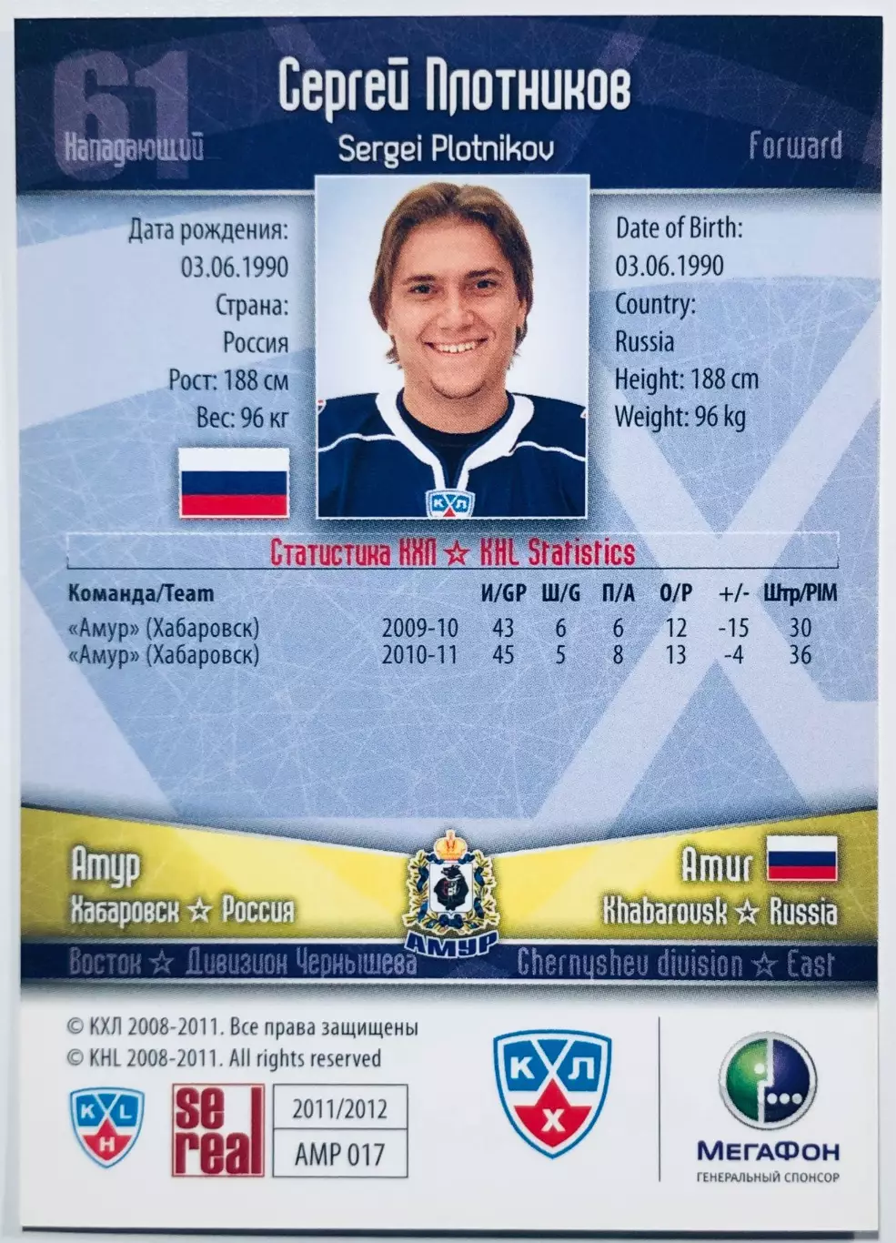 Карточка Сергей Плотников ХК Амур Хабаровск 1