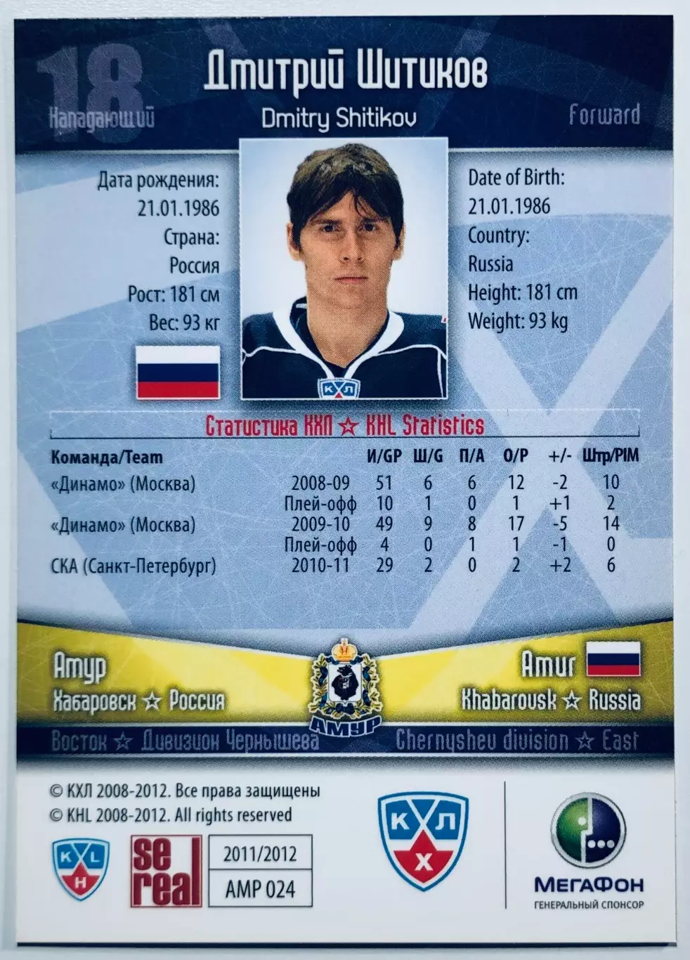 Карточка Дмитрий Шитиков ХК Амур Хабаровск 1