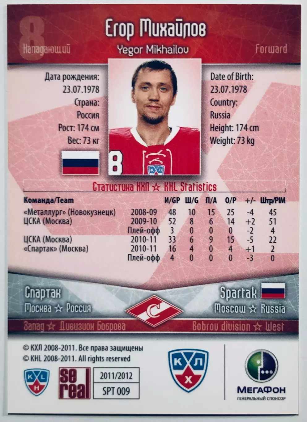 Карточка Егор Михайлов ХК ”Спартак” Москва 1