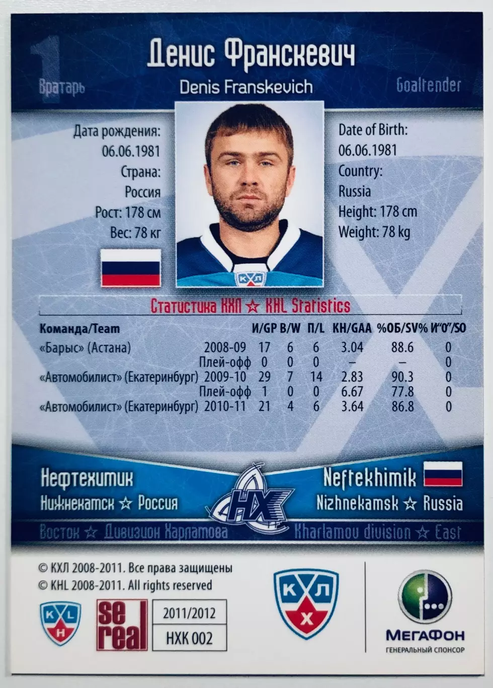 Карточка Денис Франскевич ХК Нефтехимик Нижнекамск 1
