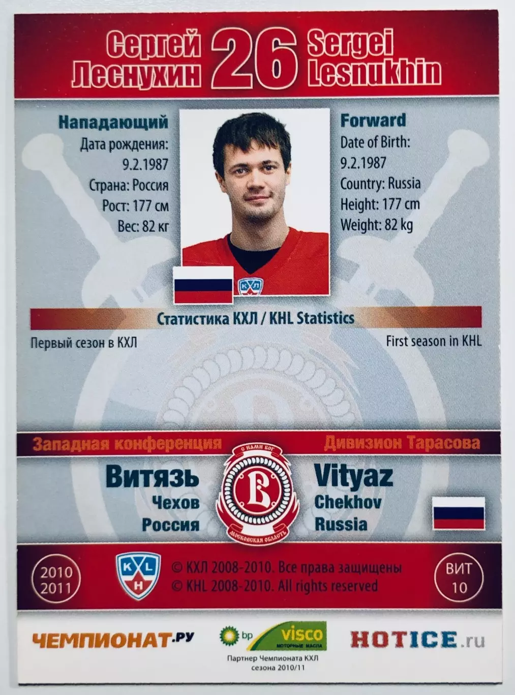Карточка Сергей Леснухин ХК ”Витязь“ Чехов 1