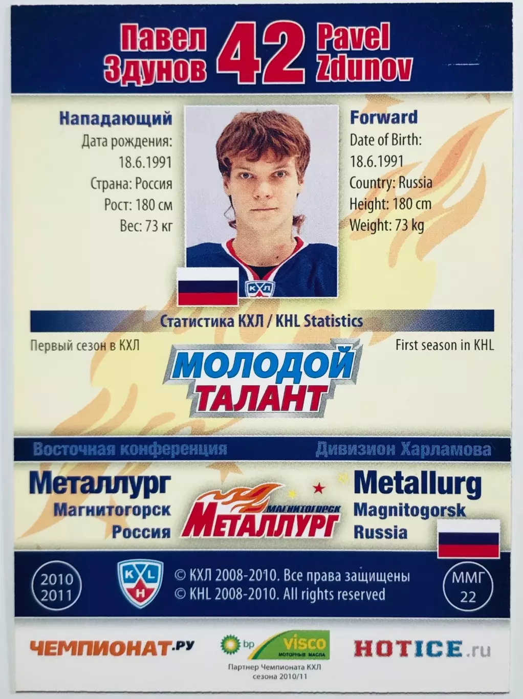 Карточка Павел Здунов ХК ”Металлург” Магнитогорск 1