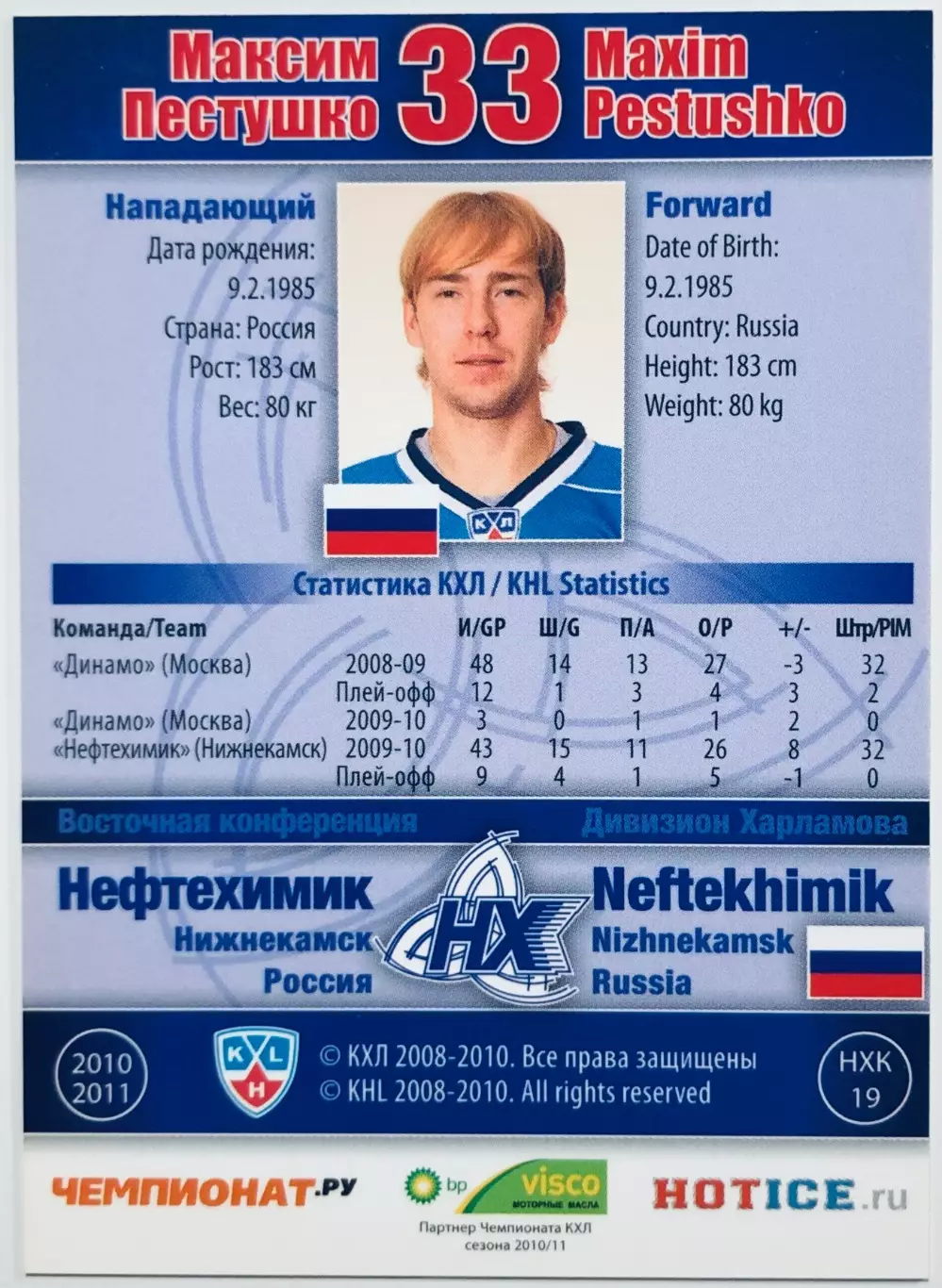 Карточка Максим Пестушко ХК Нефтехимик Нижнекамск 1
