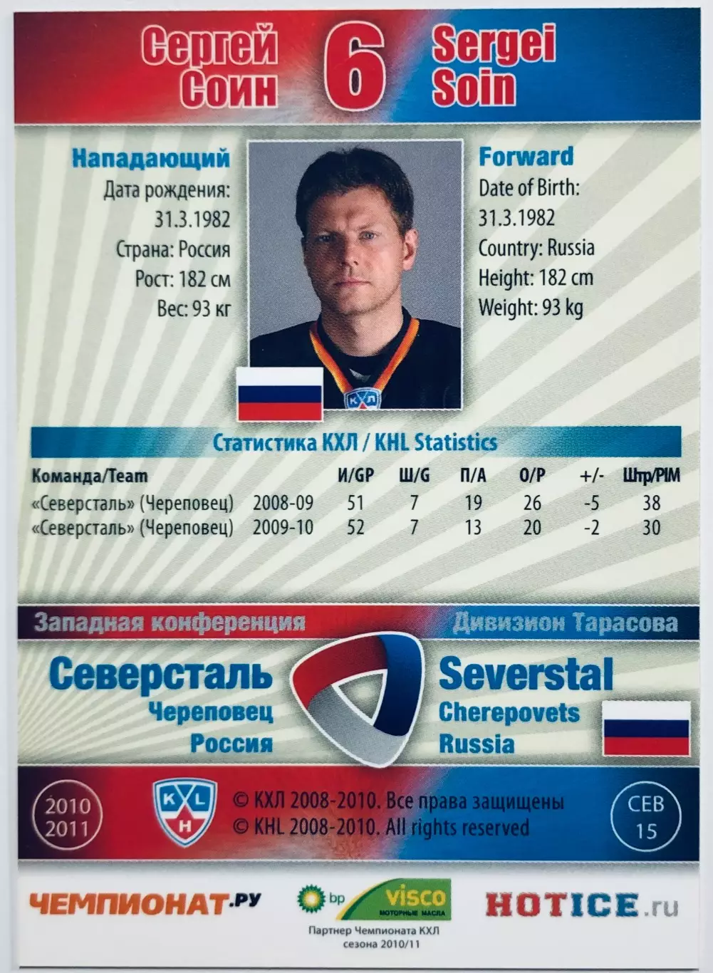 Карточка Сергей Соин ХК Северсталь Череповец 1