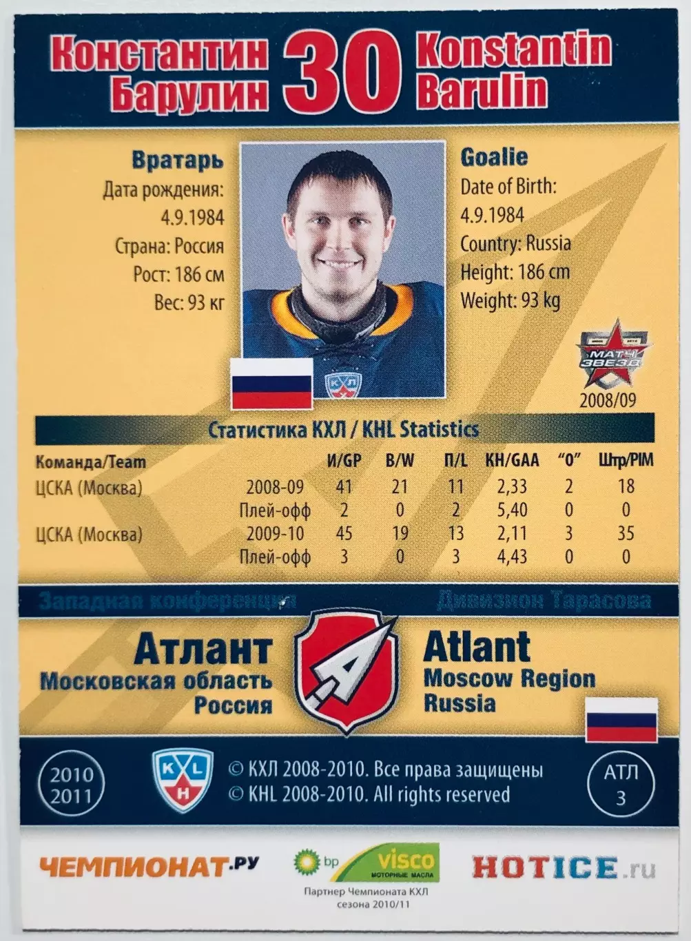 Карточка Константин Барулин ХК Атлант М.О. 1