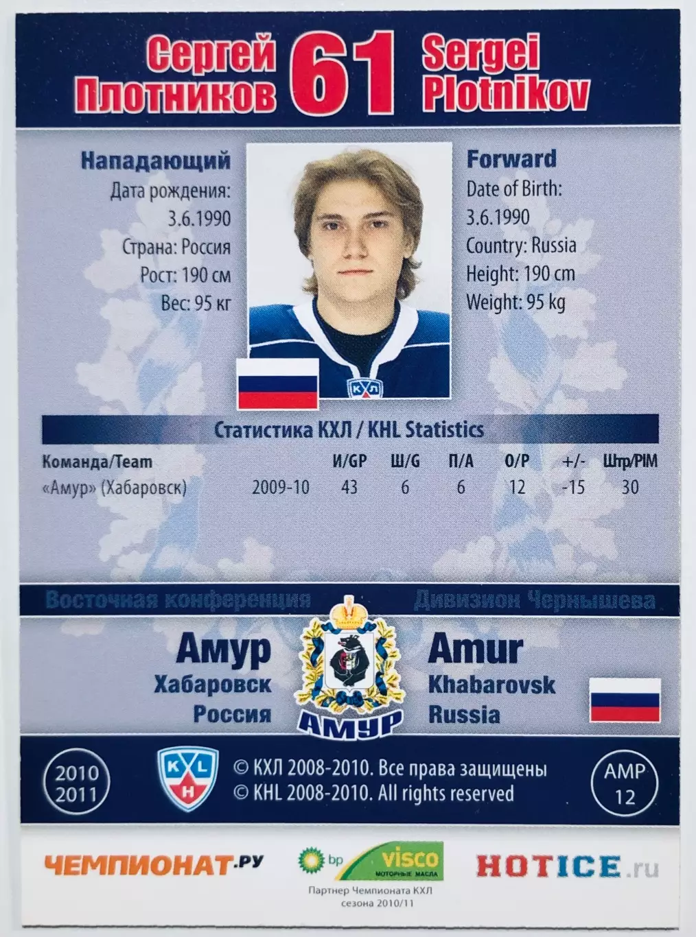 Карточка Сергей Плотников ХК Амур Хабаровск 1