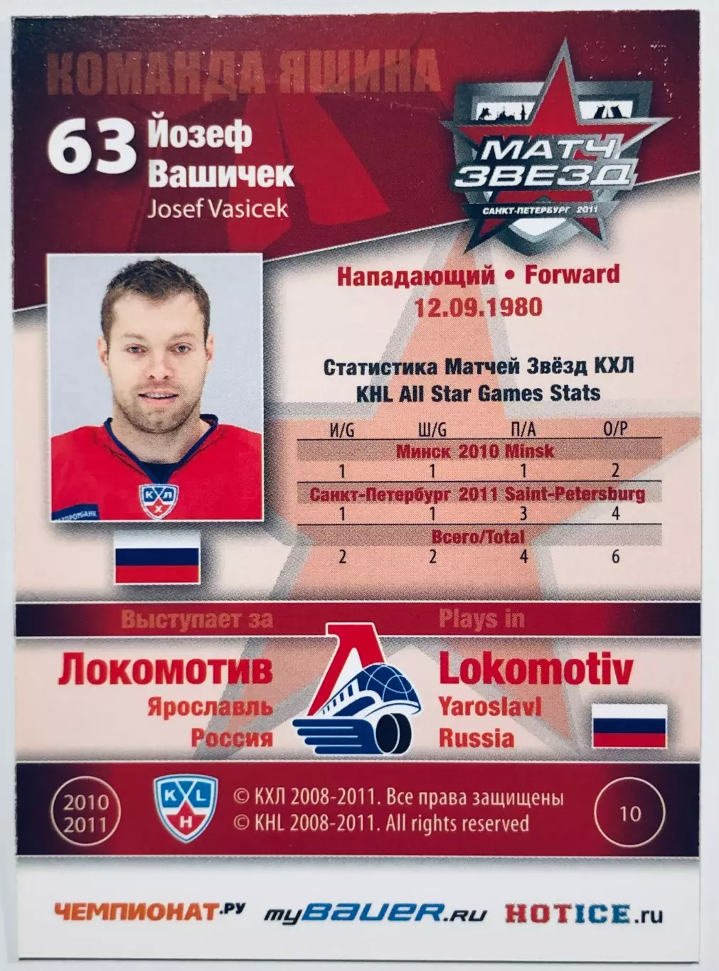 Карточка Йозеф Вашичек ХК Локомотив Ярославль 1