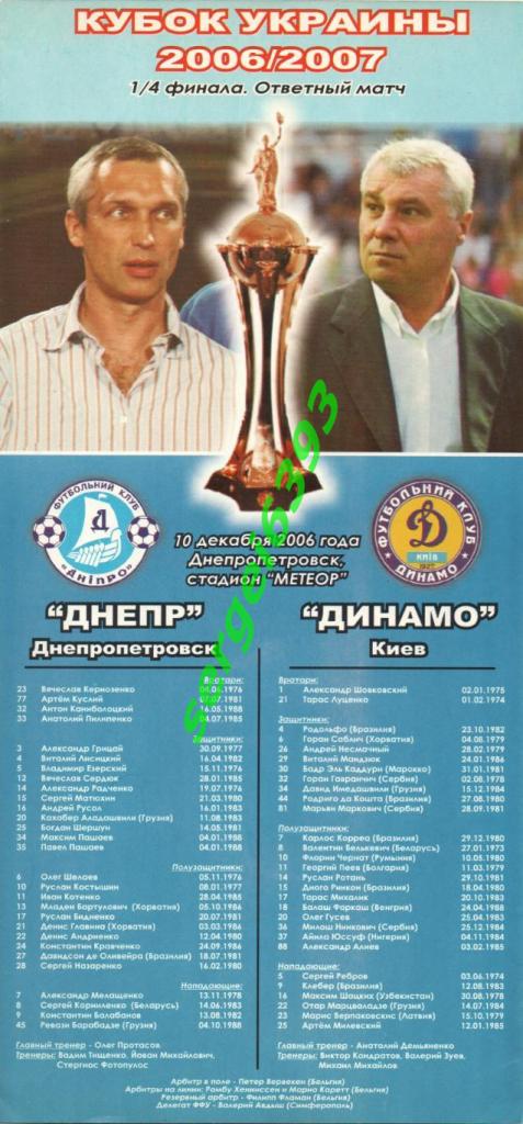 Днепр Днепропетровск - Динамо Киев - 10.12. 2006 г. Кубок Украины.