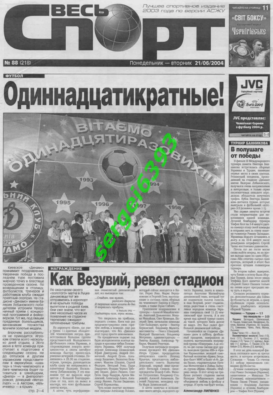 Весь спорт. 21.06.2004. Динамо Киев-чемпион. Евро-2004.