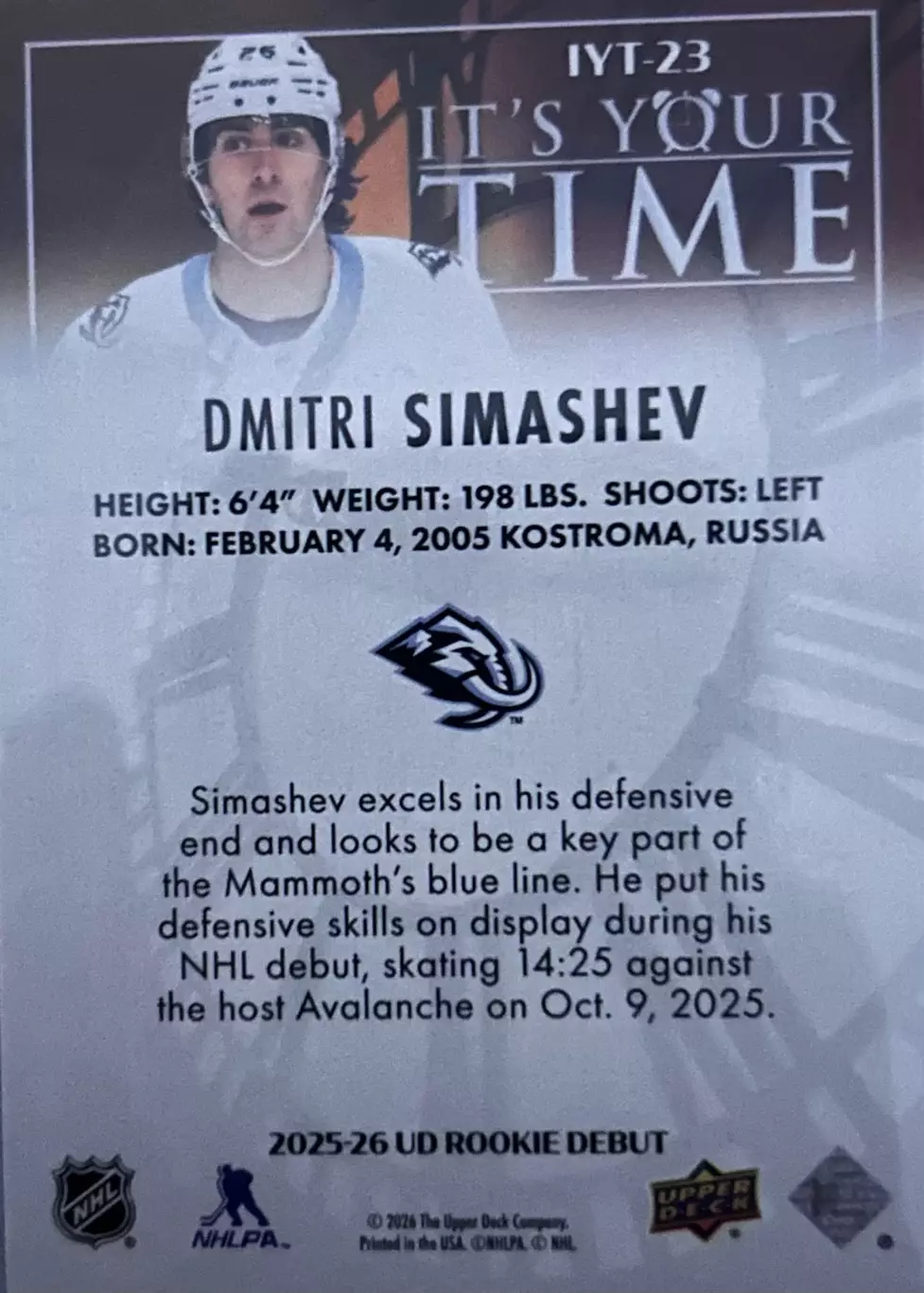 Дмитрий Симашев Юта Dmitri Simashev 25/26 It’s Your Time Utah Mammoth Young guns 1