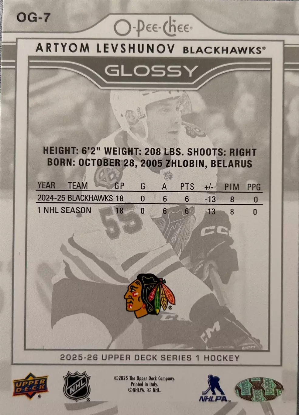Артем Левшунов Chicago Blackhawks/Чикаго Блэкхокс НХЛ/NHL Young guns Rookie card 1