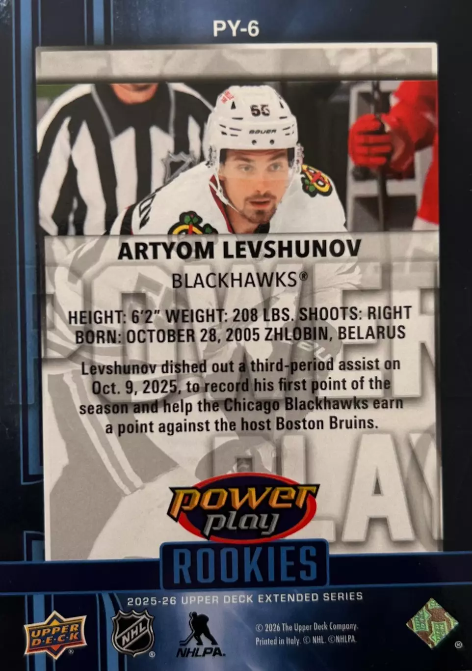 Артем Левшунов Chicago Blackhawks/Чикаго Блэкхокс НХЛ/NHL Power Play Rookie card 1