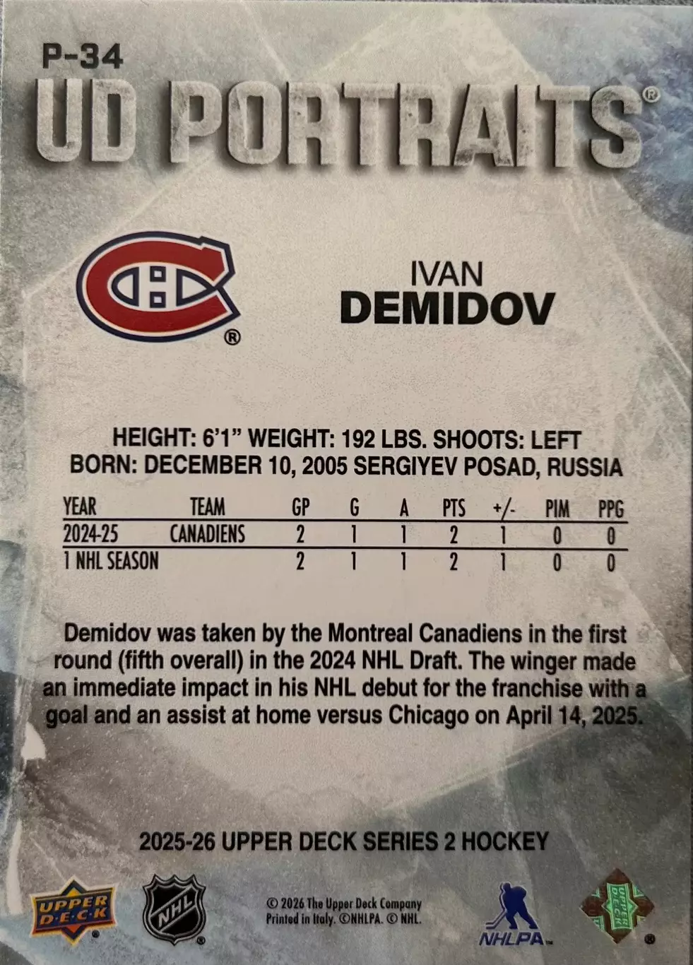 Ivan Demidov Montreal Canadiens/Иван Демидов Монреаль НХЛ Young guns Rookie 1