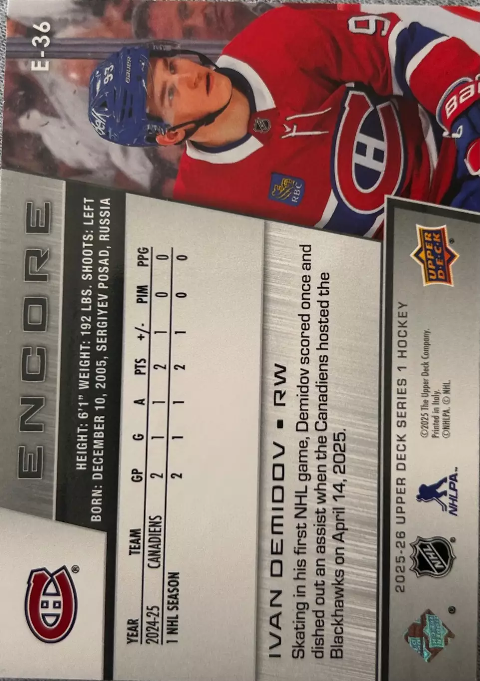 Ivan Demidov Montreal Canadiens/Иван Демидов Монреаль НХЛ Encore Rookie 1