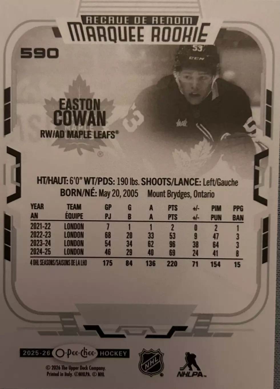 Easton Cowan Toronto Maple Leafs - Торонто НХЛ/NHL Истон Коуэн marquee rookie 1