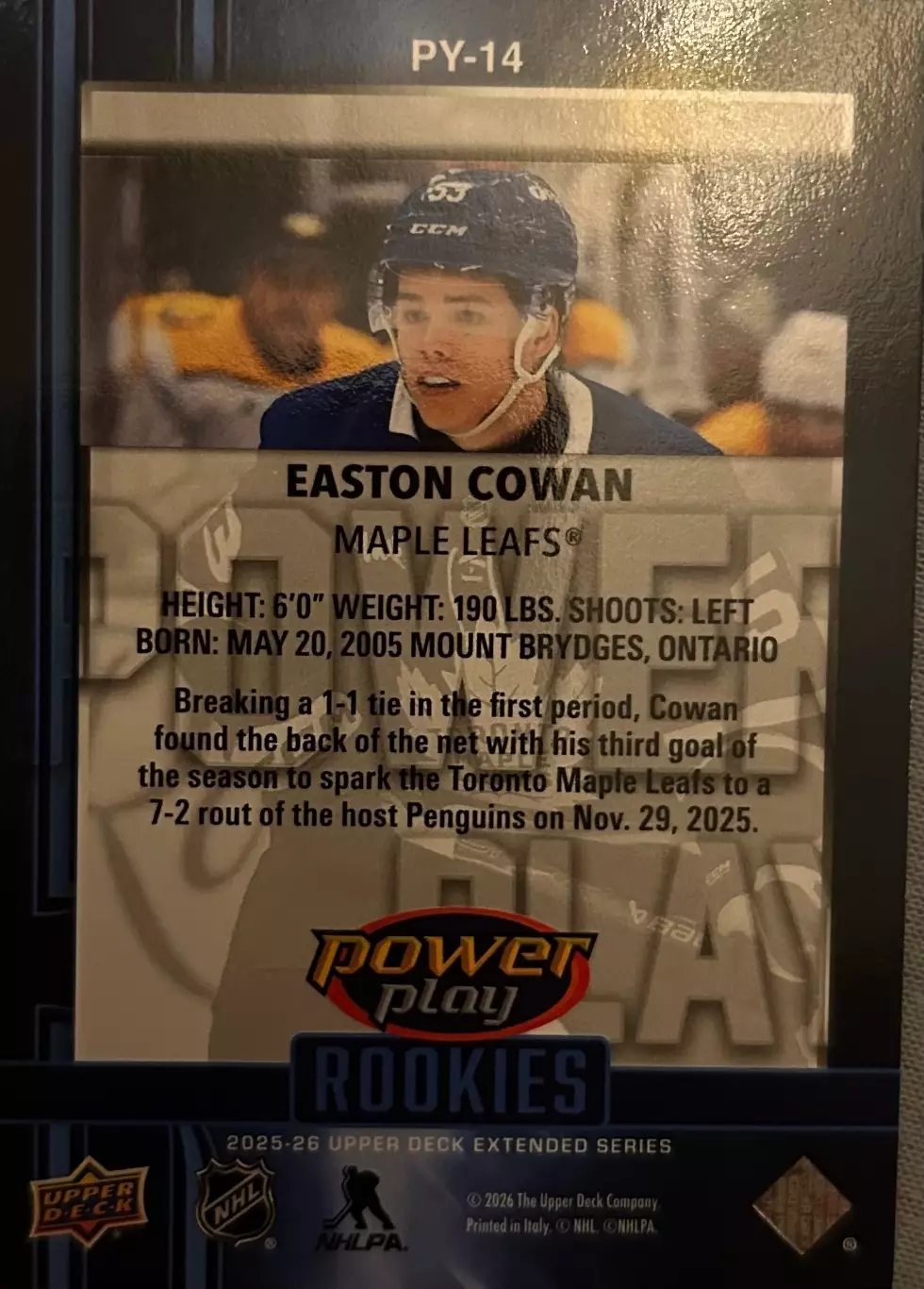 Easton Cowan Toronto Maple Leafs -Торонто НХЛ/NHL Истон Коуэн rookies Power Play 1