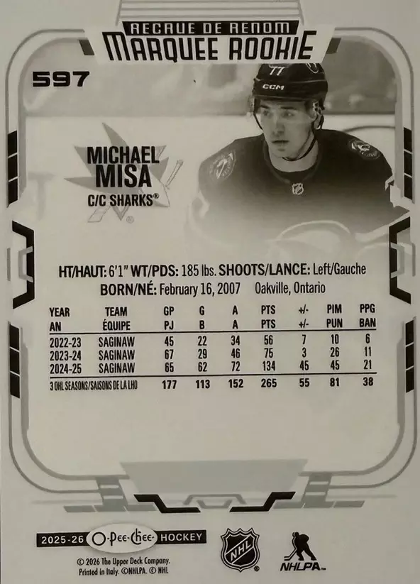 NHL Michael Misa San Jose Sharks/ Майкл Миса Сан-Хосе Шаркс НХЛ 1