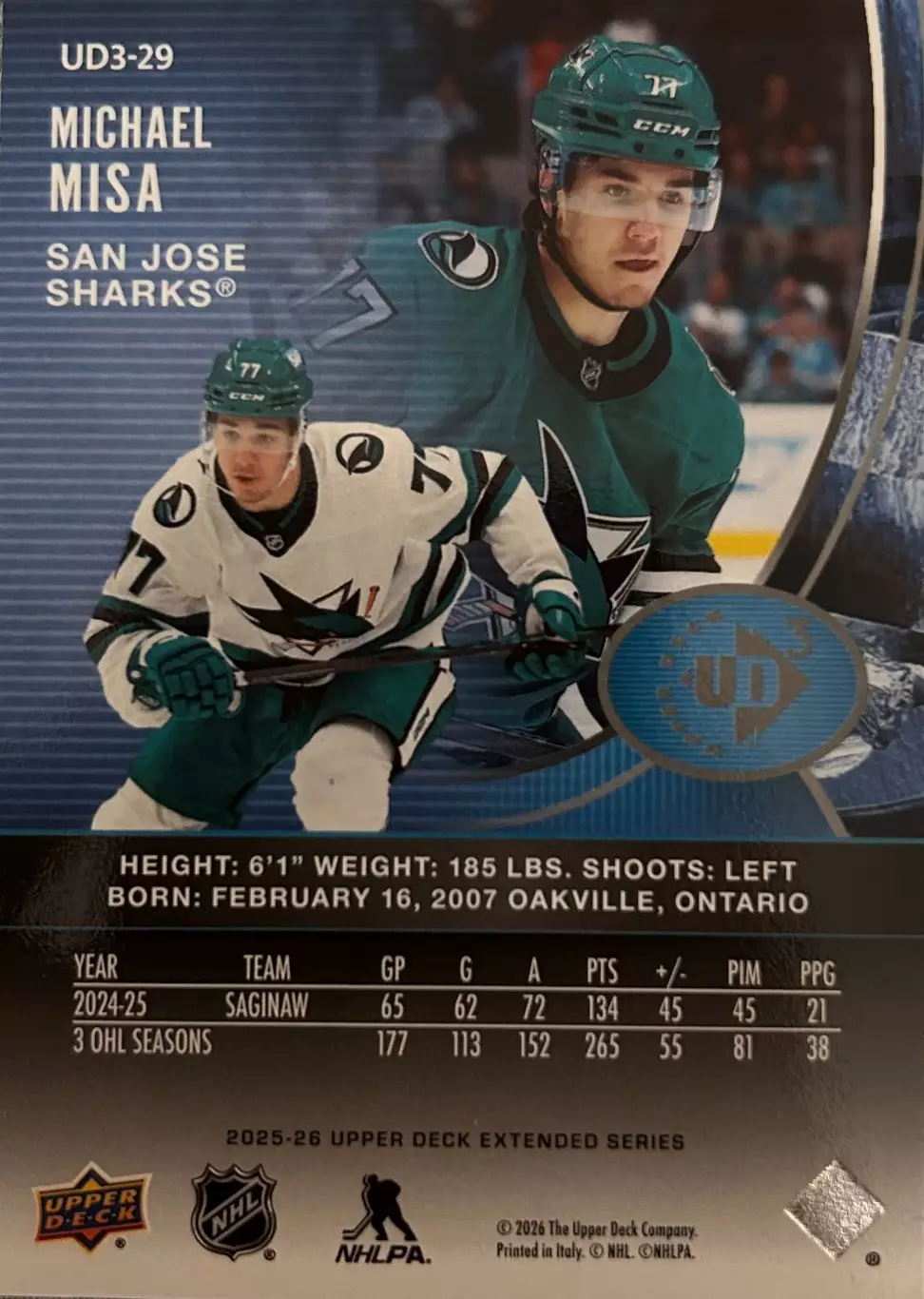 NHL Michael Misa San Jose Sharks/ Майкл Миса Сан-Хосе Шаркс НХЛ UD3 young guns 1