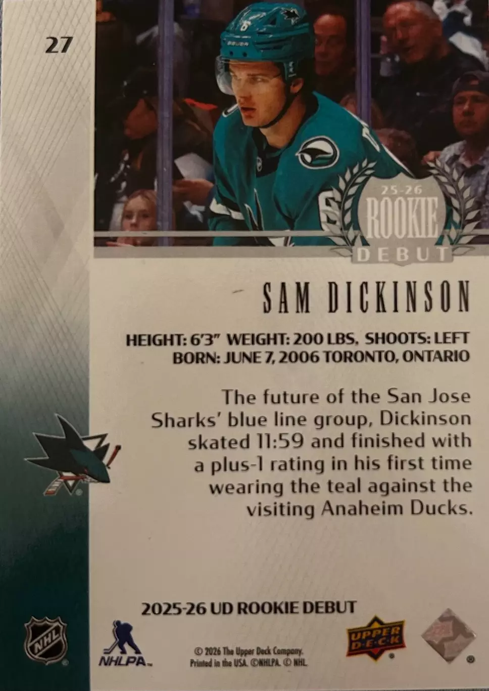 NHL Sam Dickinson San Jose Sharks/ Сэм Дикинсон Сан-Хосе НХЛ young guns debut 1
