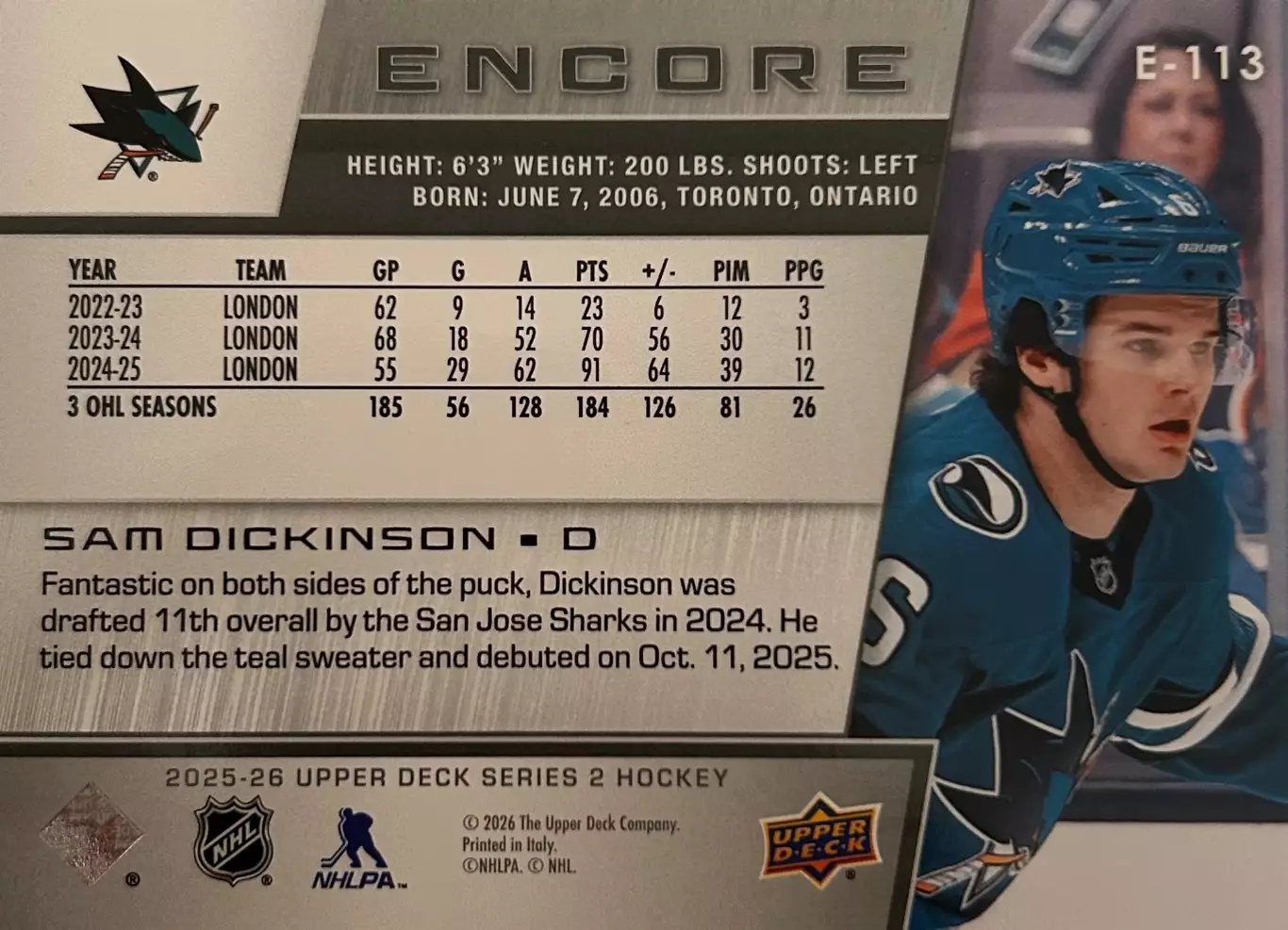 NHL Sam Dickinson San Jose Sharks/ Сэм Дикинсон Сан-Хосе НХЛ Young Guns Encore 1