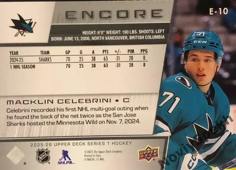 NHL Macklin Celebrini San Jose Sharks / Маклин Селебрини Сан-Хосе Шаркс Young 1