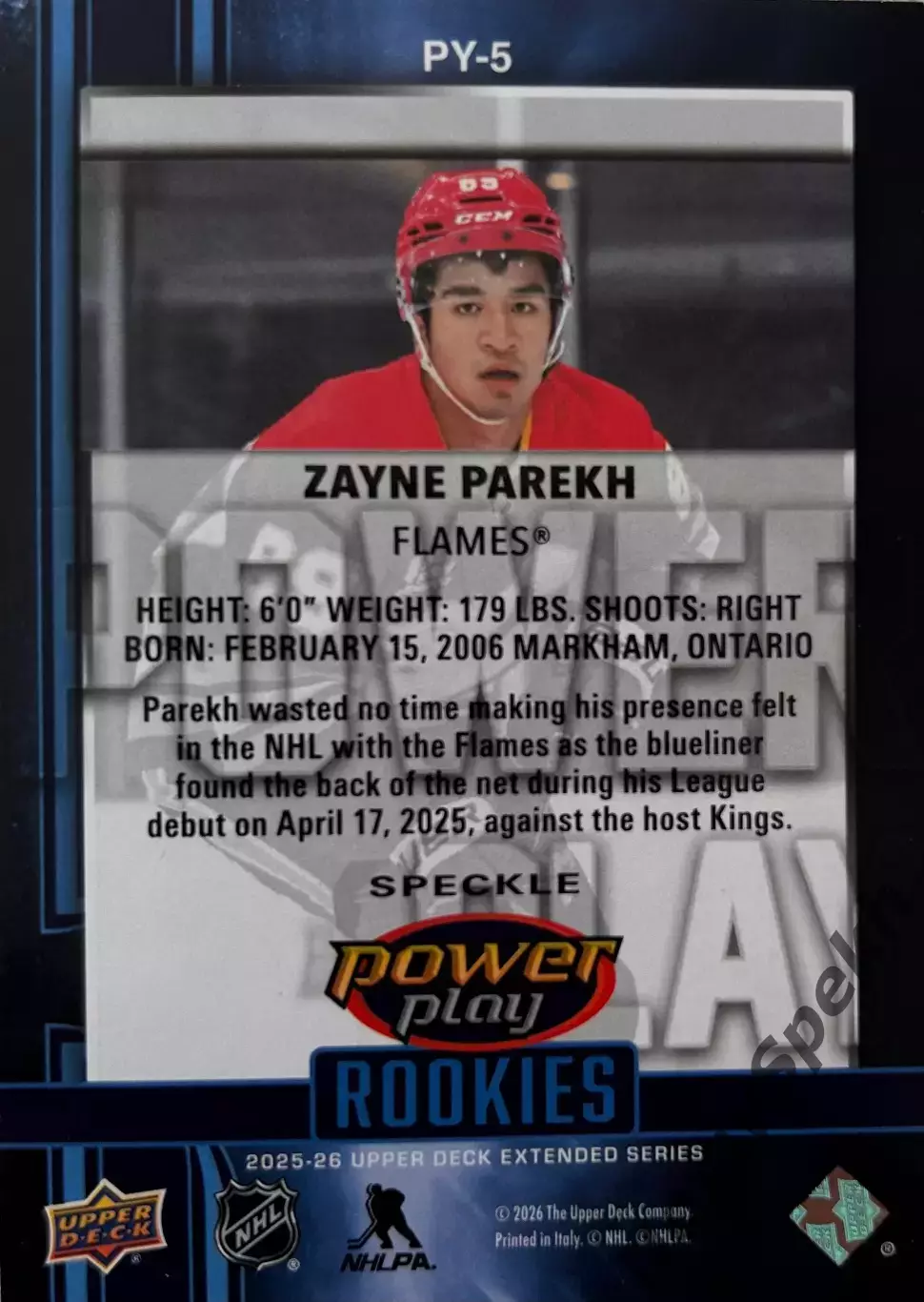 Zayne Parekh-Зейн Парех Calgary Flames- Калгари Флэймз НХЛ/NHL Young guns Power 1