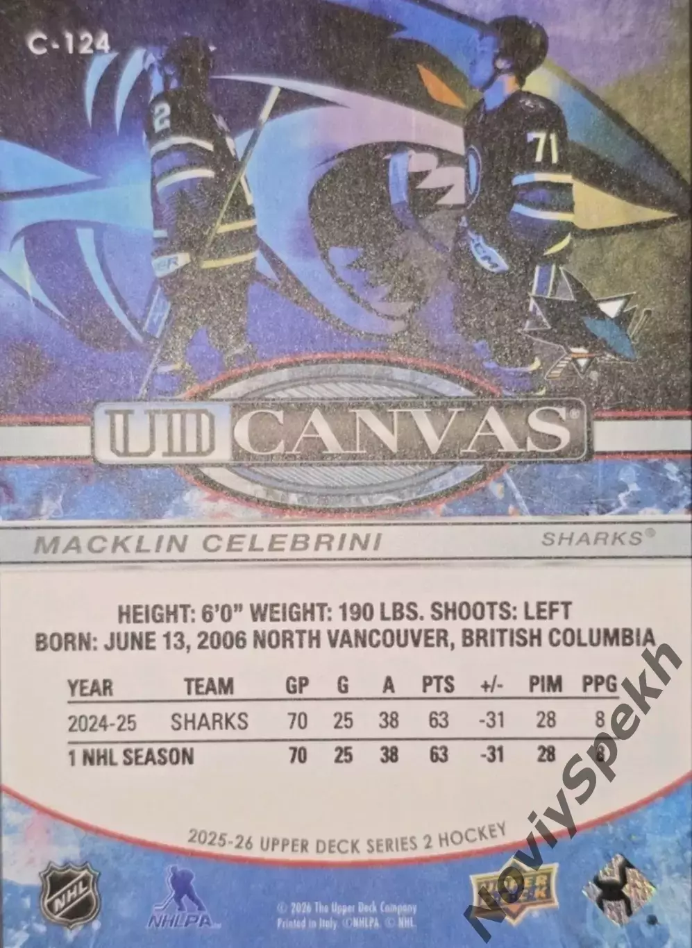 Карточка NHL Macklin Celebrini San Jose Sharks/Маклин Селебрини Сан-Хосе НХЛ 1