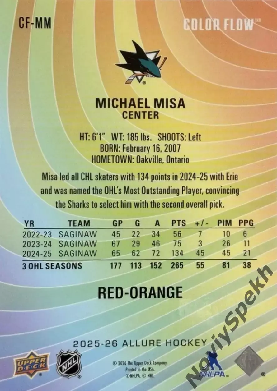 Карточка NHL Michael Misa San Jose Sharks/ Майкл Миса Сан-Хосе НХЛ Rookie card 1
