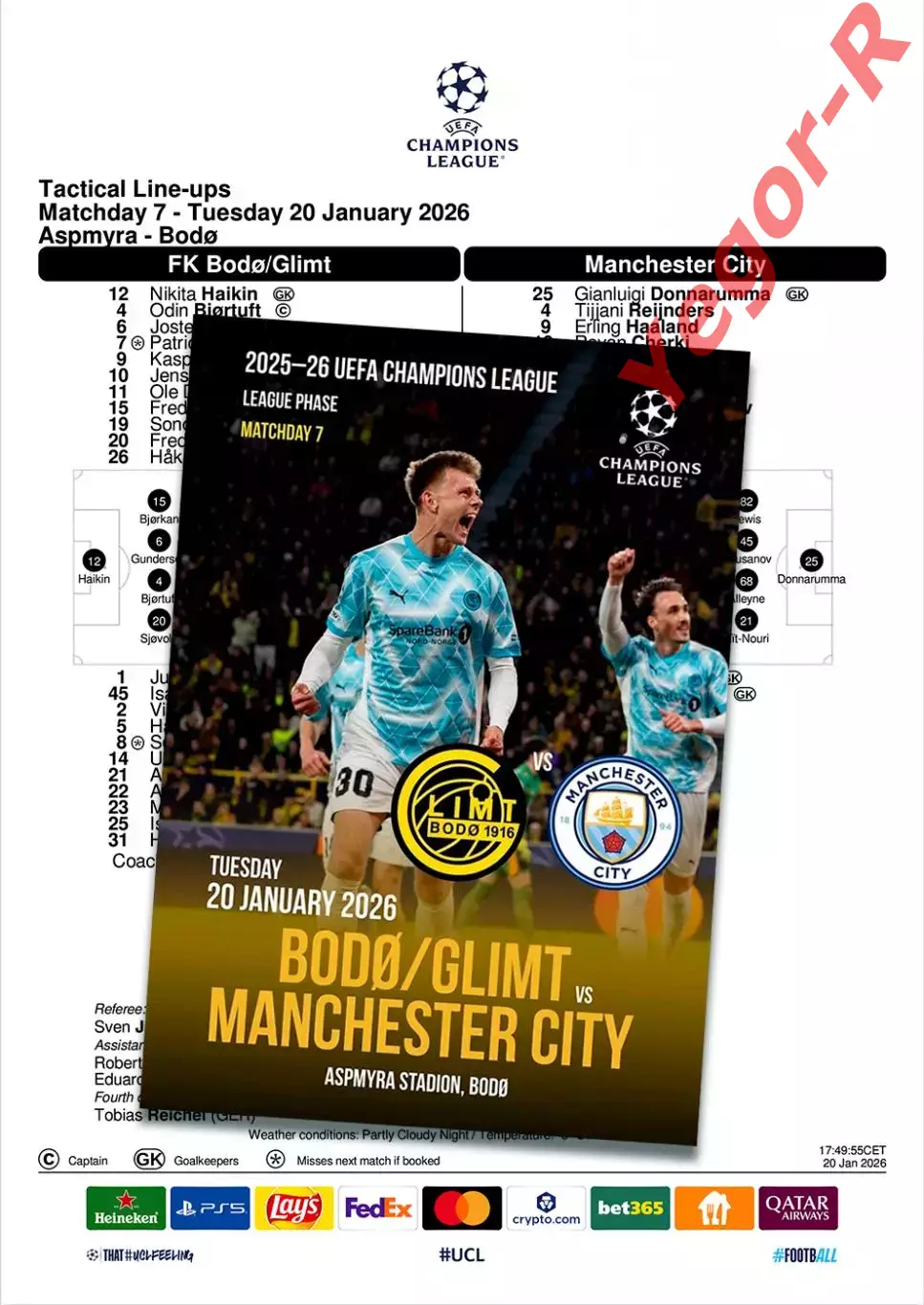 БОДО ГЛИМТ Норвегия - МАНЧЕСТЕР СИТИ Англия 20 января 2026 ЛЧ ФАН 12 с + офиц ТШ