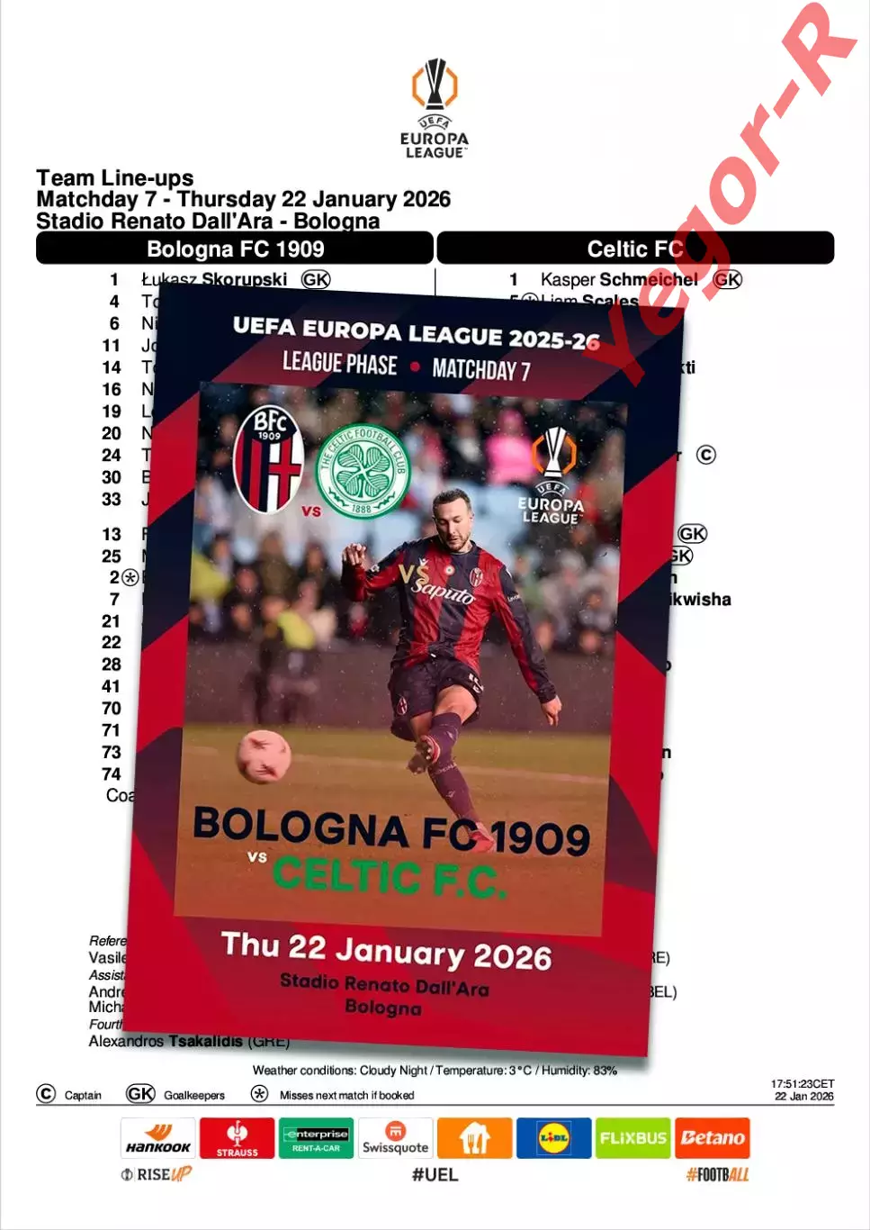 БОЛОНЬЯ Италия - СЕЛТИК Глазго Шотландия 22 января 2026 ЛЕ ФАН 12 стр + офиц ТШ