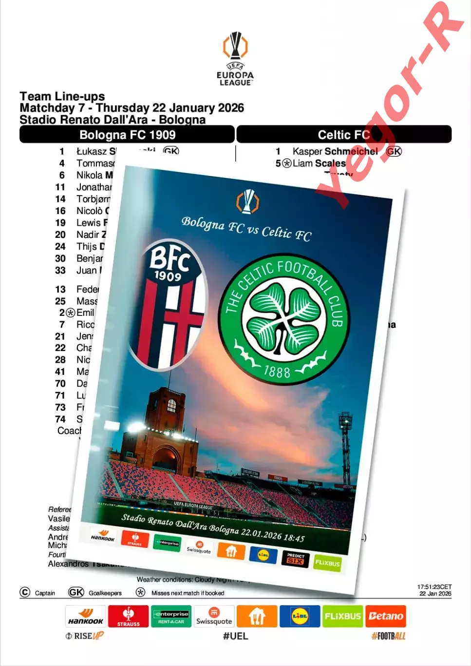 БОЛОНЬЯ Италия - СЕЛТИК Глазго Шотландия 22 января 2026 ЛЕ ФАН 16 стр + офиц ТШ