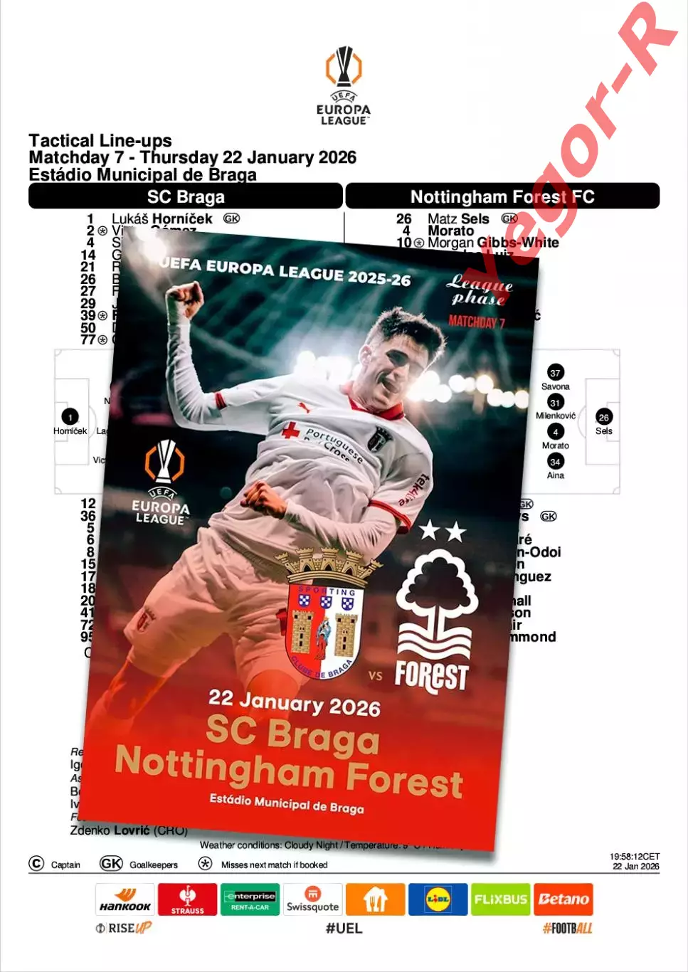 БРАГА Португалия - НОТТИНГЕМ ФОРЕСТ Англия 22 января 2026 ЛЕ ФАН 12 стр+ офиц ТШ