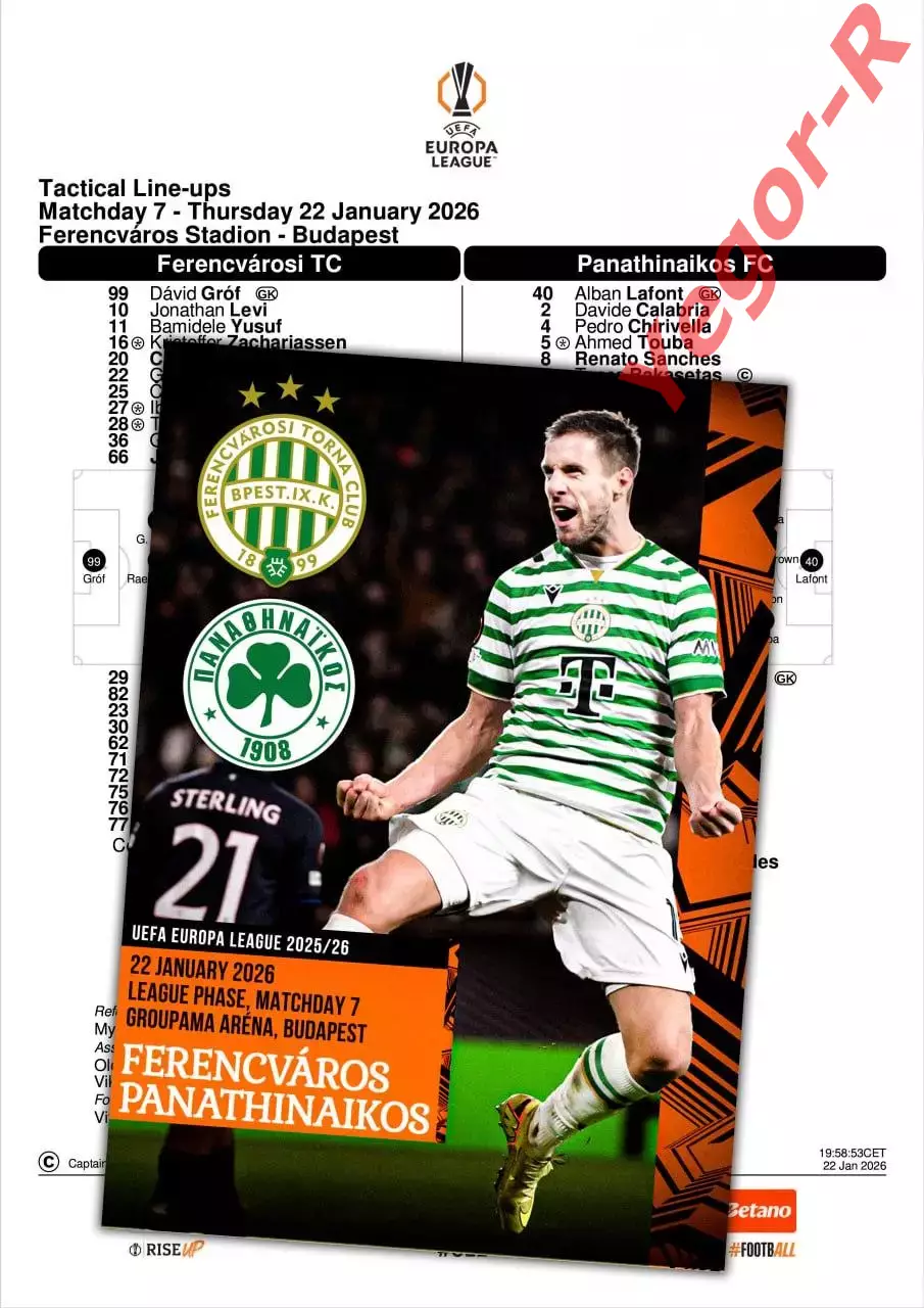 ФЕРЕНЦВАРОШ Венгрия - ПАНАТИНАИКОС Греция 22 января 2026 ЛЕ ФАН 12 стр+ офиц ТШ
