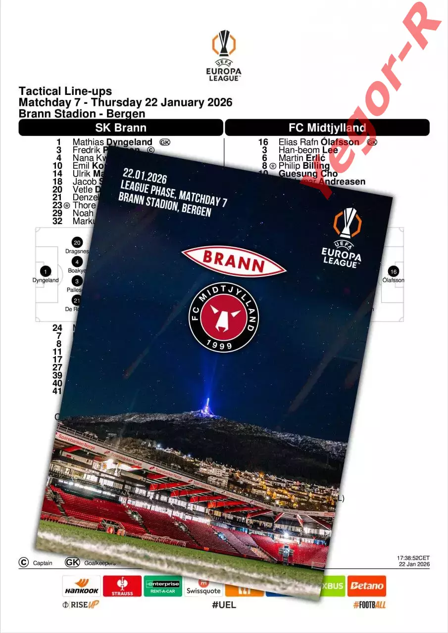 БРАНН Берген Норвегия - МИДТЬЮЛЛАНД Дания 22 января 2026 ЛЕ ФАН 12 стр+ офиц ТШ