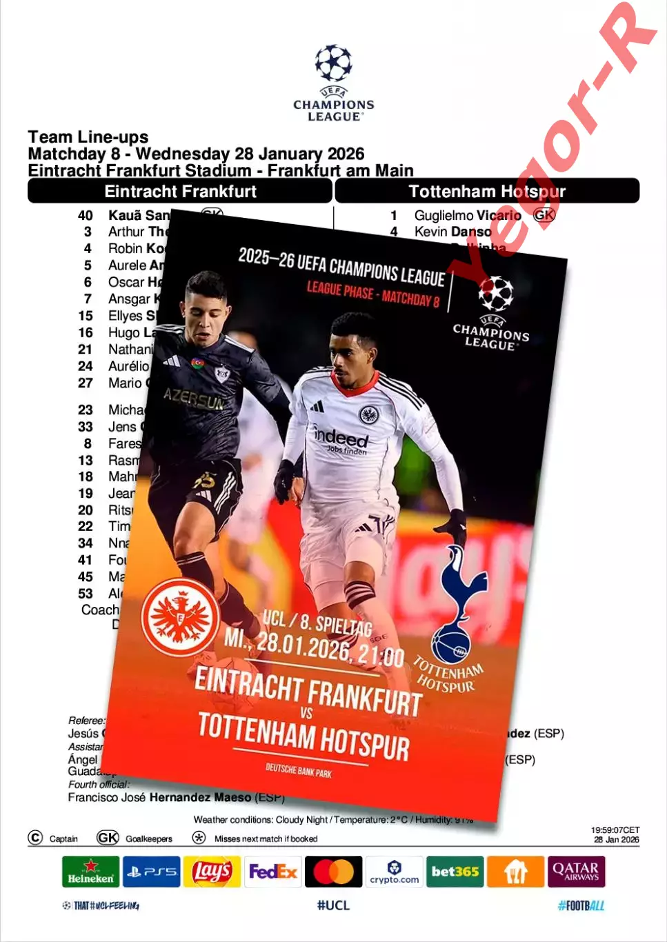 АЙНТРАХТ Франкфурт Германия ТОТТЕНХЭМ Англия 28 января 2026 ЛЧ ФАН 12с + офиц ТШ