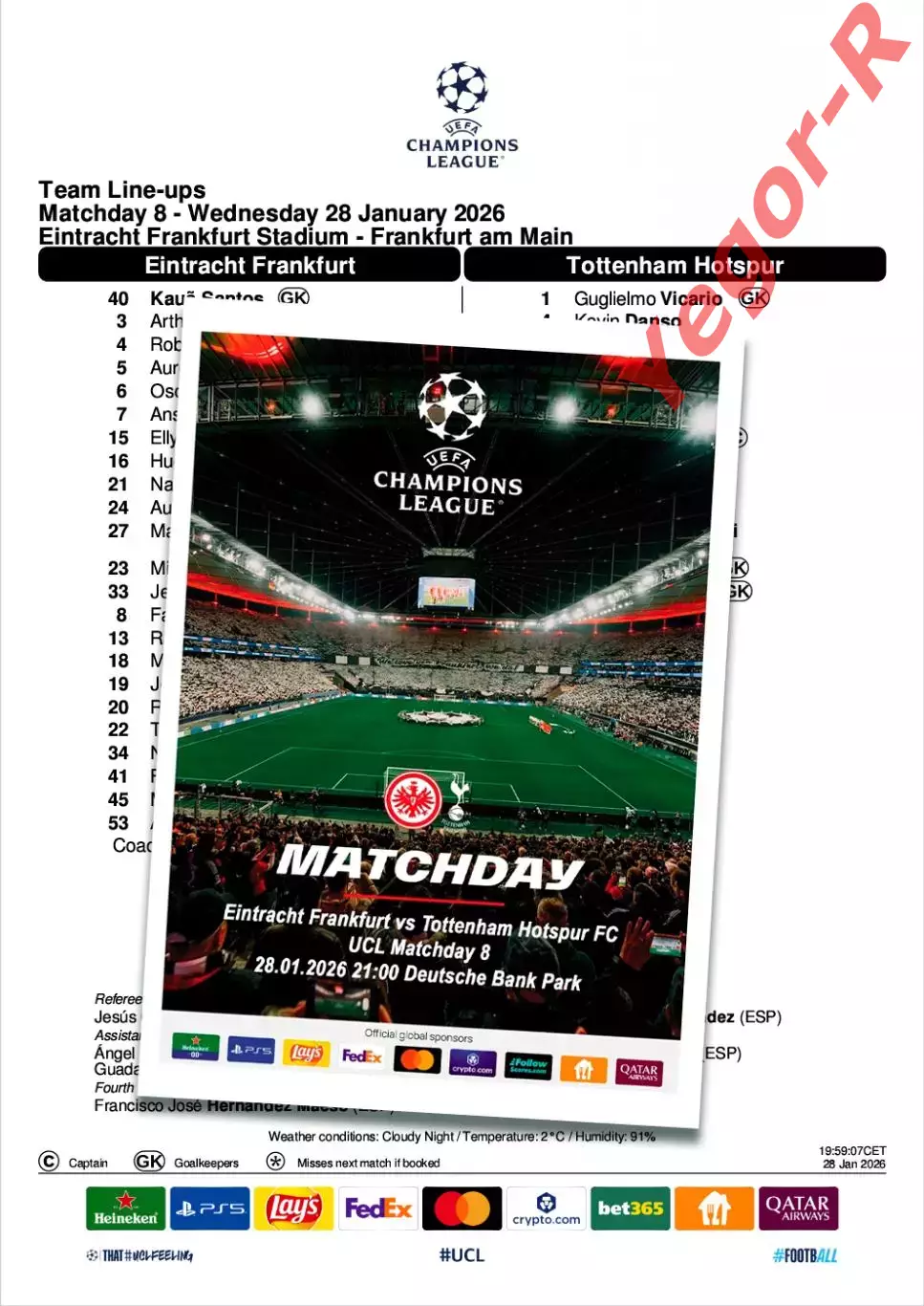 АЙНТРАХТ Франкфурт Германия ТОТТЕНХЭМ Англия 28 января 2026 ЛЧ ФАН 16 с+ офиц ТШ