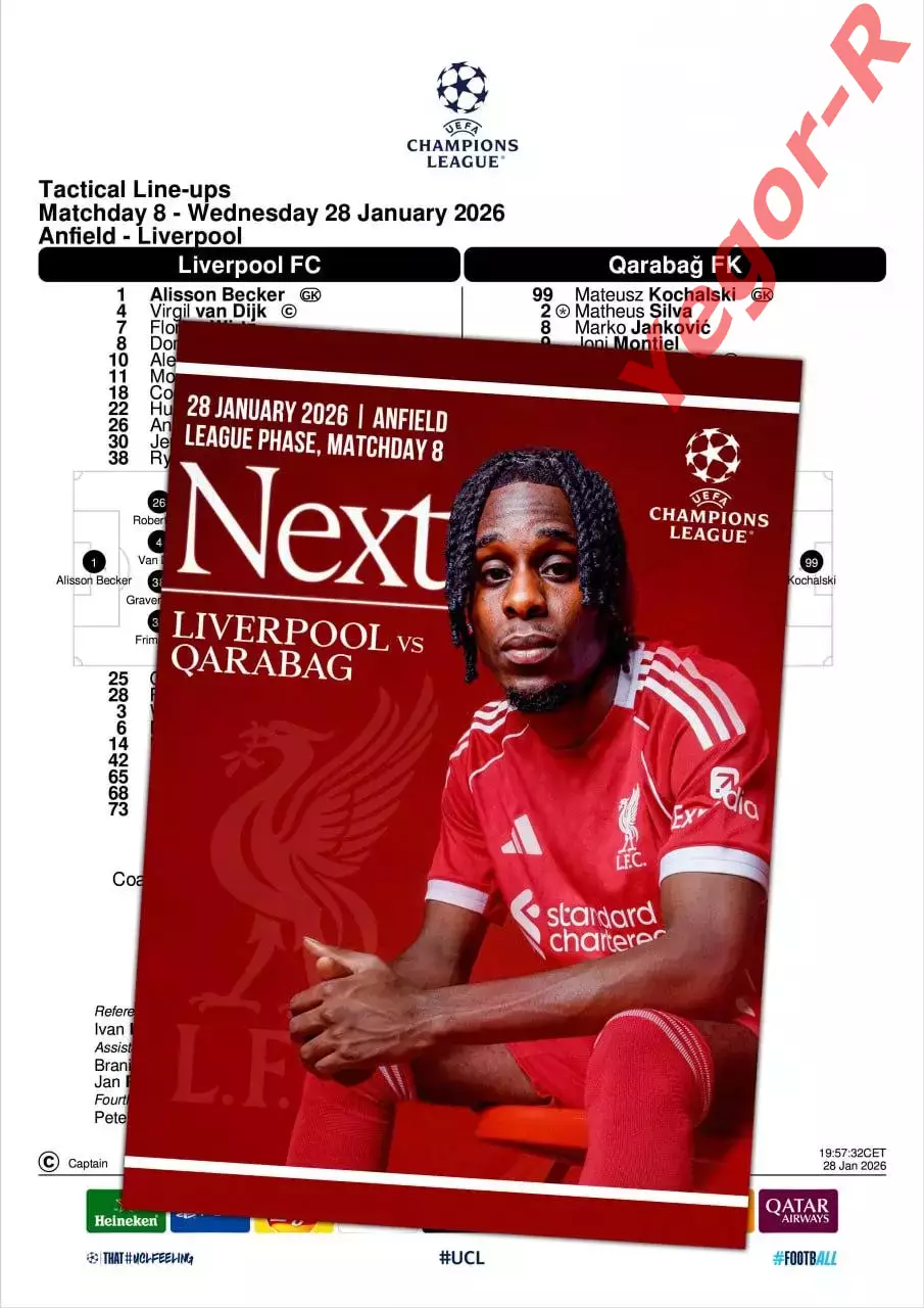 ЛИВЕРПУЛЬ Англия - КАРАБАХ Азербайджан 28 января 2026 ЛЧ ФАН 12 стр + офиц ТШ