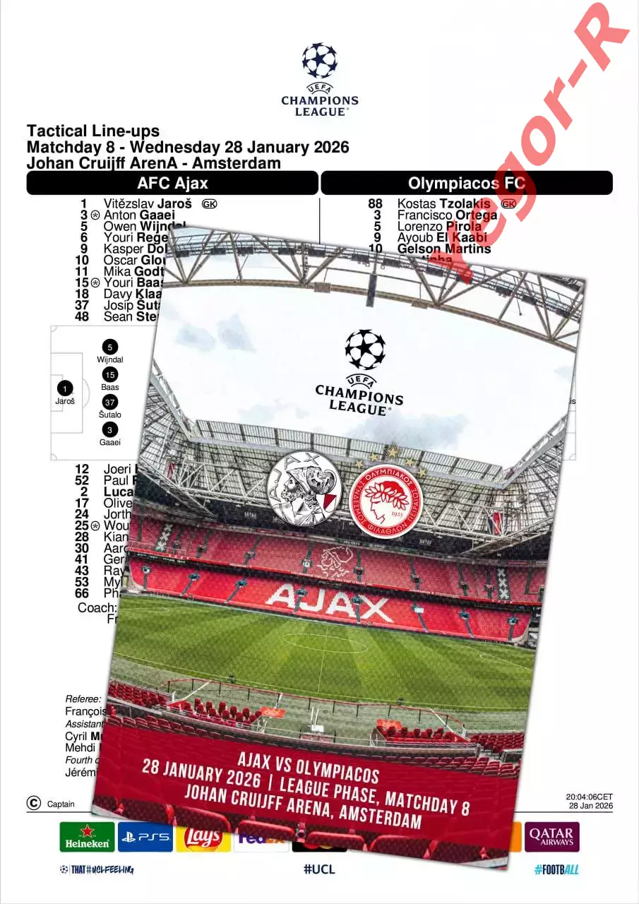 АЯКС Амстердам Нидерланды ОЛИМПИАКОС Греция 28 января 2026 ЛЧ ФАН 12 с + офиц ТШ