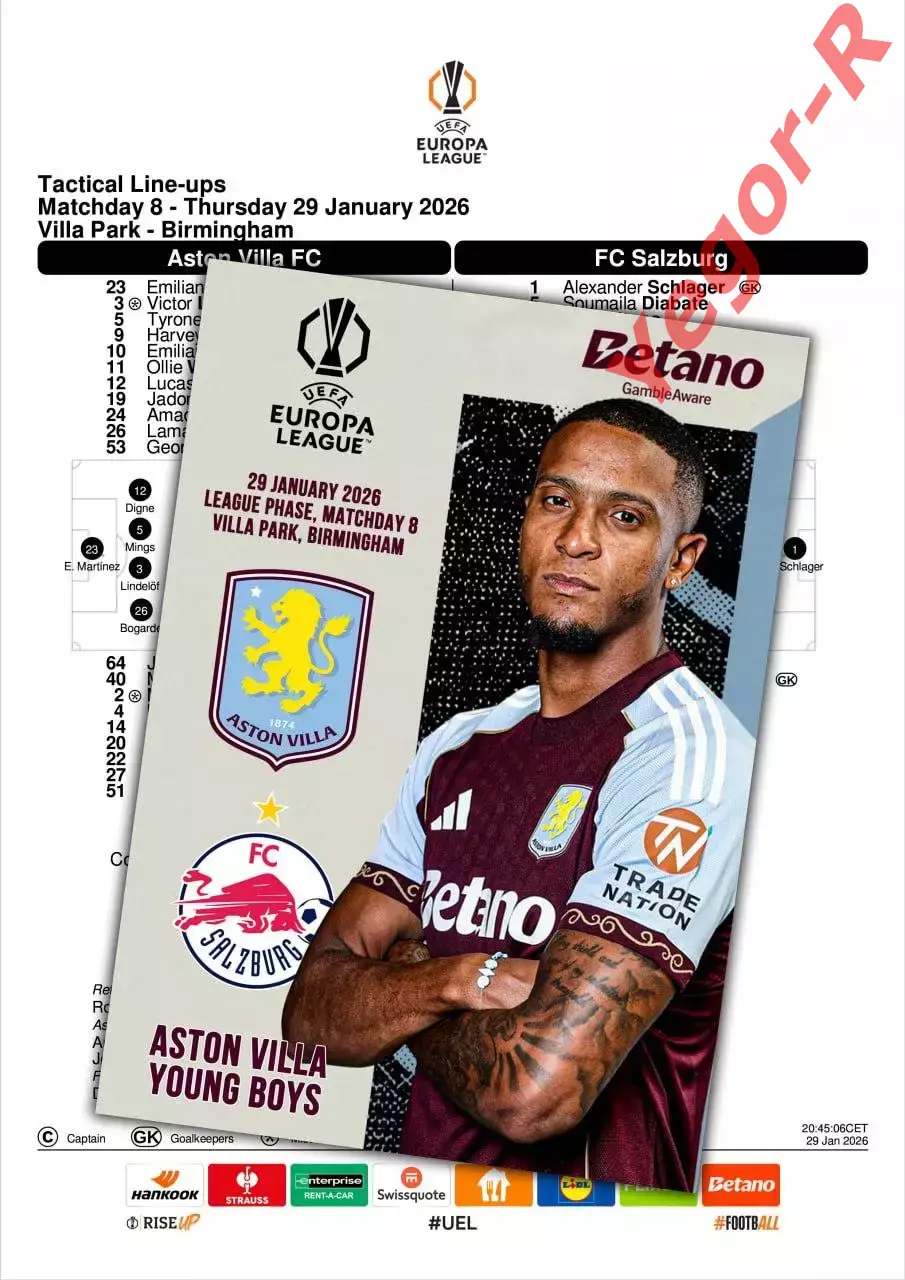 АСТОН ВИЛЛА Англия - ЗАЛЬЦБУРГ Австрия 29 января 2026 ЛЕ ФАН 12 стр + офиц ТШ