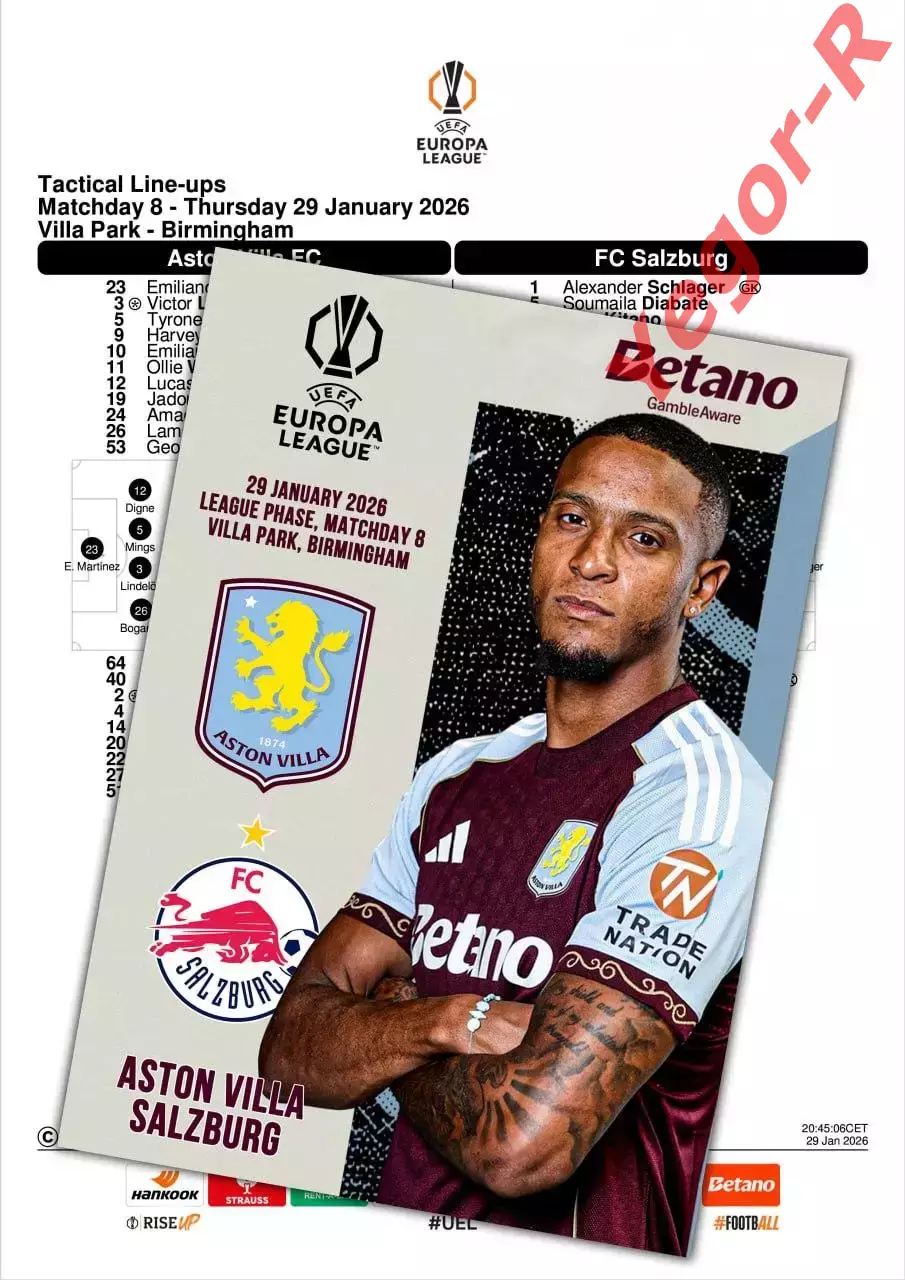 АСТОН ВИЛЛА Англия - ЗАЛЬЦБУРГ Австрия 29 января 2026 ЛЕ ФАН 12 стр + офиц ТШ