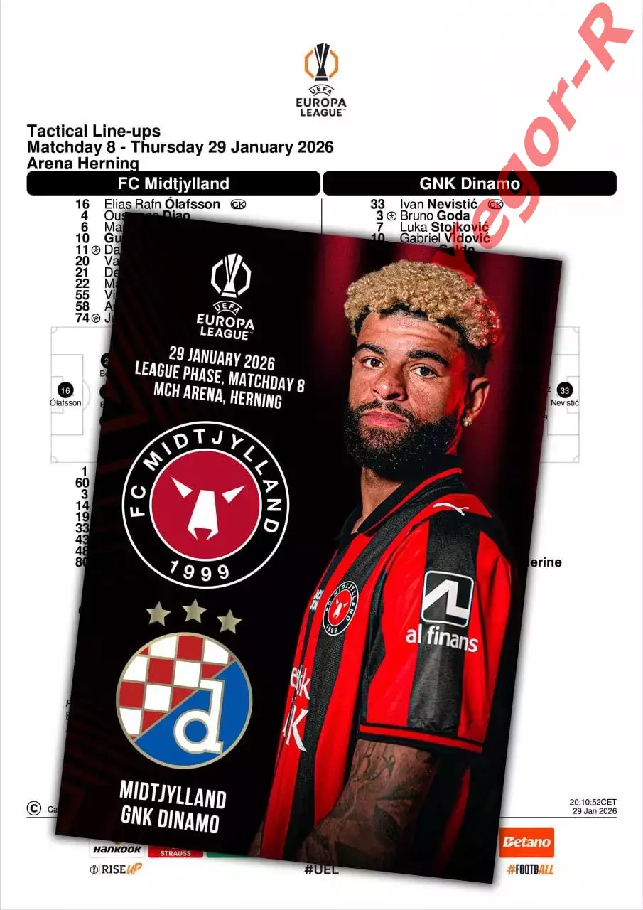 МИДТЬЮЛЛАНД Дания - ДИНАМО Загреб Хорватия 29 января 2026 ЛЕ ФАН 12 с + офиц ТШ